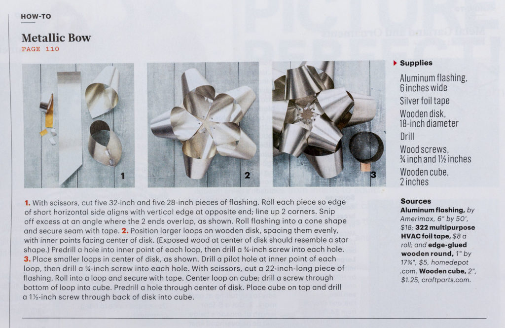 detail of Martha Stewart Living magazine article about making a giant metal bow